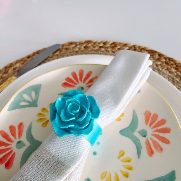 Elegant Rose Napkin Rings – Cyan Blue - Handmade - Wedding Party Event Planner - Picture 6 of 13